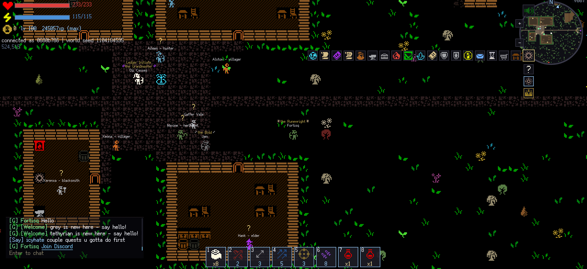 A village in the Bitiverse overworld, with named villagers and player homes